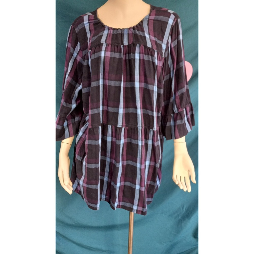 Evri 2X Women's baby doll bell sleeve cotton modal plaid top long round neck